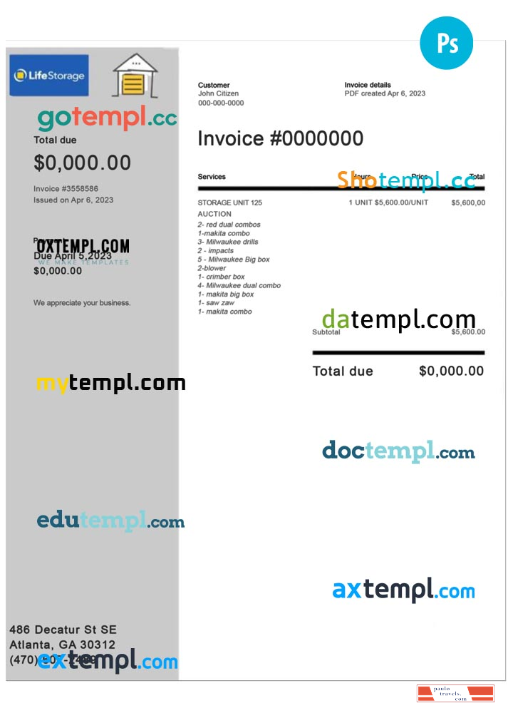 Life Storage invoice PSD template